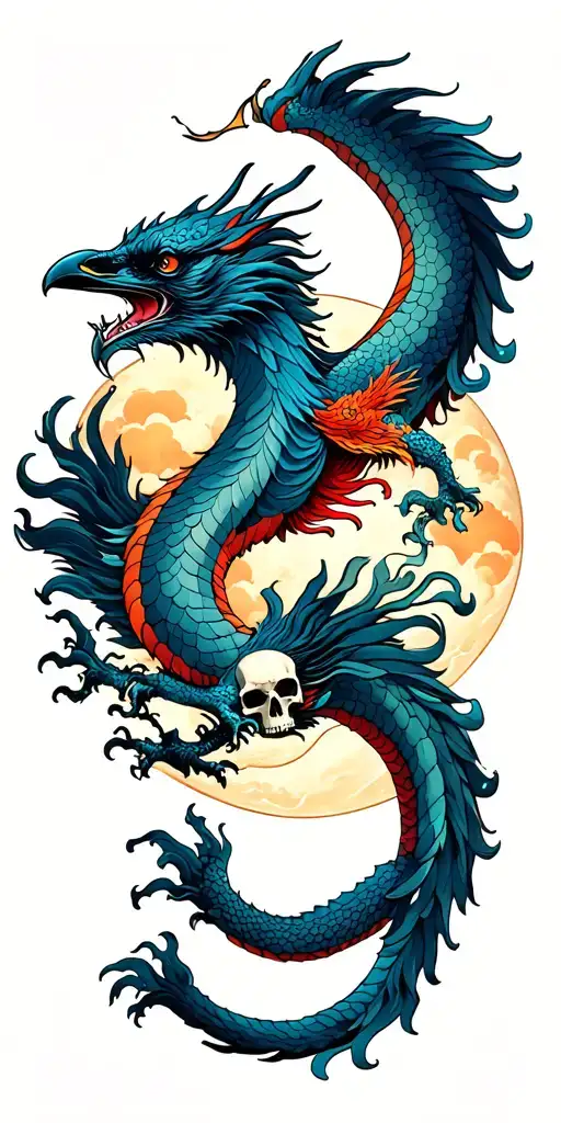 Chinese Dragon And Phoenix And Skull And Moon And Raven