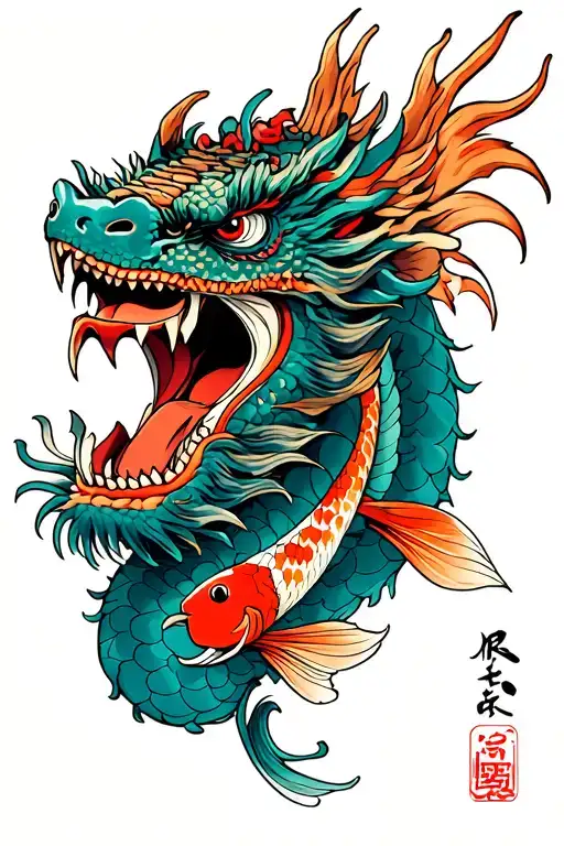Samurai Mask Staying Up A Dragon With Mouth Open And A Koi Fish