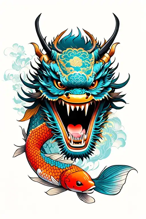Samurai Mask Open Staying Up A Dragon With Mouth Open And A Koi Fish
