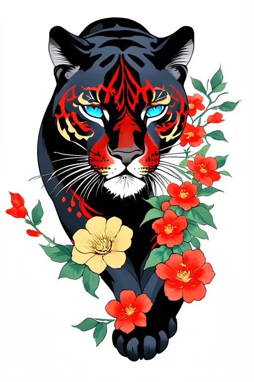 A Panther With Blue Eyes Gold Scars And Red Blossoms On The Side