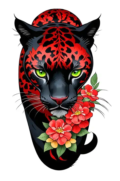 A Whole Body Panther With A Fierce Look Green Eyes Gold Scars And Red Blossoms On The Side