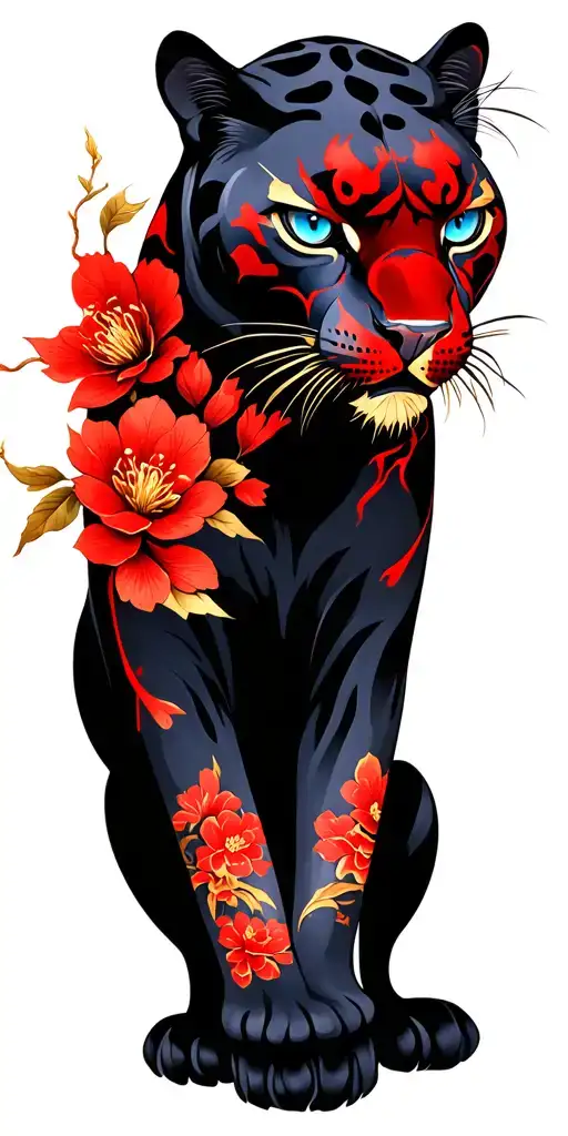 A Full Body Panther With A Fierce Look Blue Eyes Gold Scars And Red Blossoms On The Side