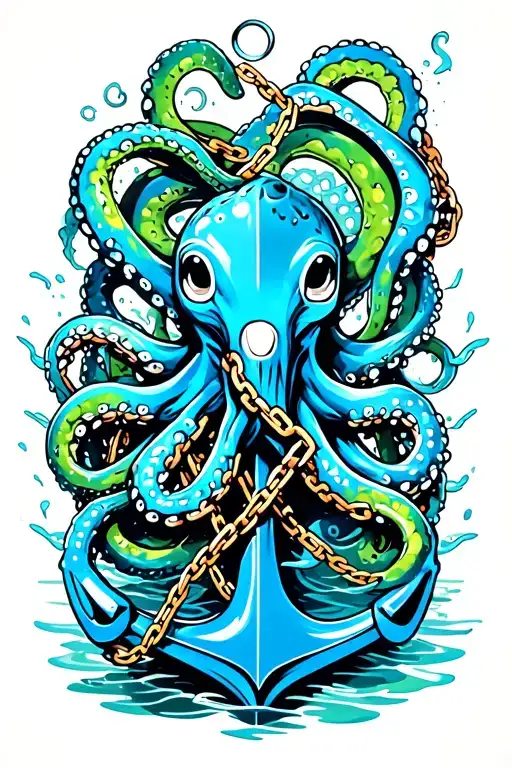 Blue And Green Octopus Wrapped Around Anchor In Water With Broken Chain