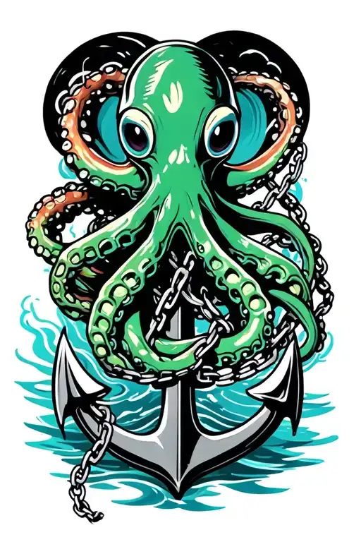Black And Green Octopus Wrapped Around Anchor In Water With Broken Chain