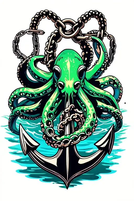 Black And Green Octopus Wrapped Around Anchor In Water With Broken Chain