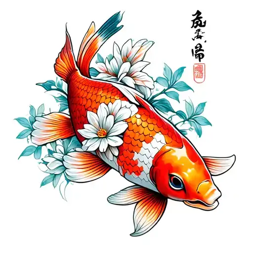 Koi Fish With Flowers Symbolizing