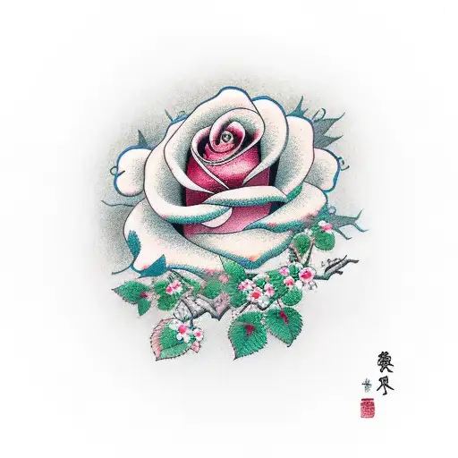 Rose With Hawthorn Blossums Behind The Rose