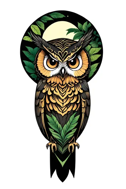 Owl With Jungle And The Moon With Two Colors Black And Green