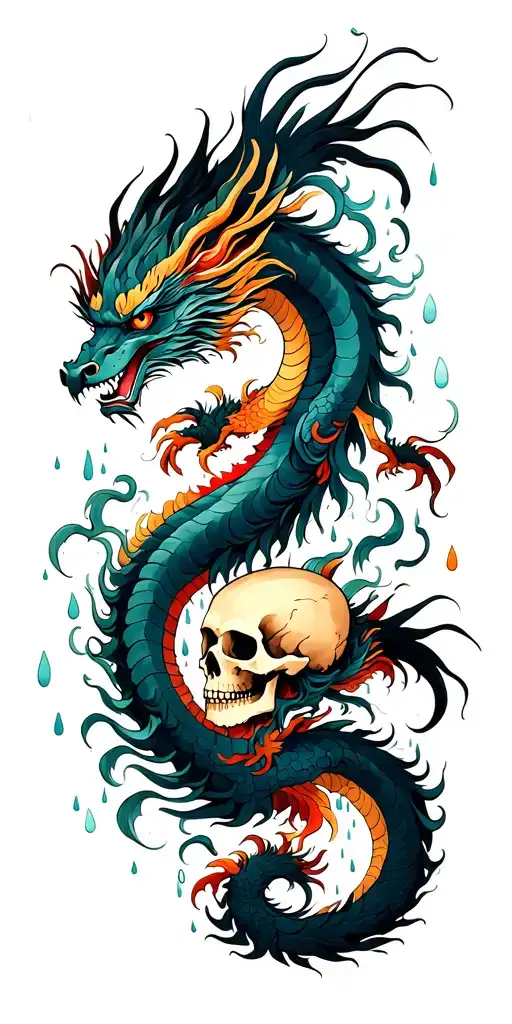3 Chinese Dragon And Phoenix And Skull Surrounded My Rain