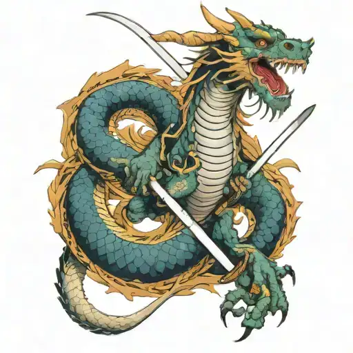 Japanese Dragon With A Katana Through The Middle