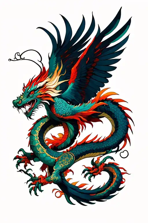 Dragon Wrapping Around Phoenix Flying