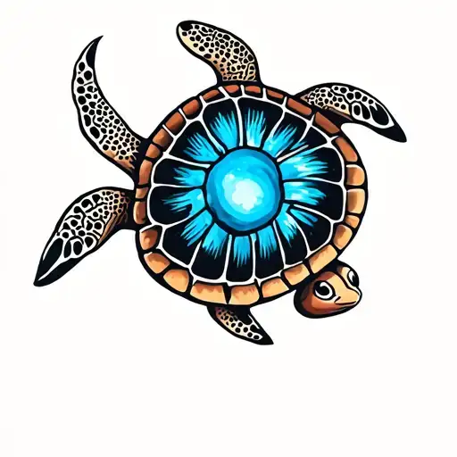 Turtle With A Blue Mark On Its Shell Pattern In The Ocean