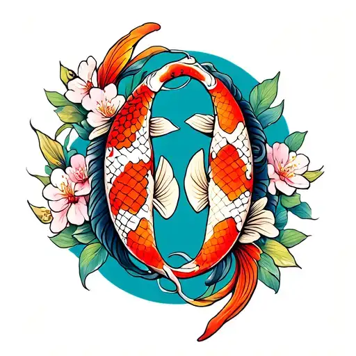 Matching Couple Tattoo Of Colourful Vibrant Koi Carps With Cherry Blossoms Around