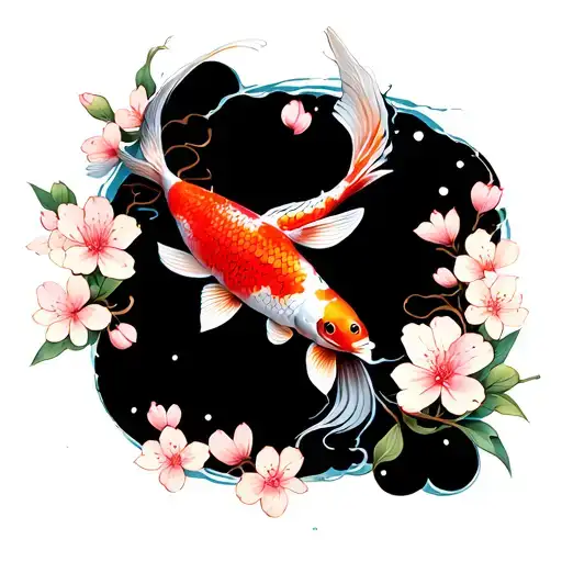 Colourful Vibrant Koi Carps With Cherry Blossoms Around