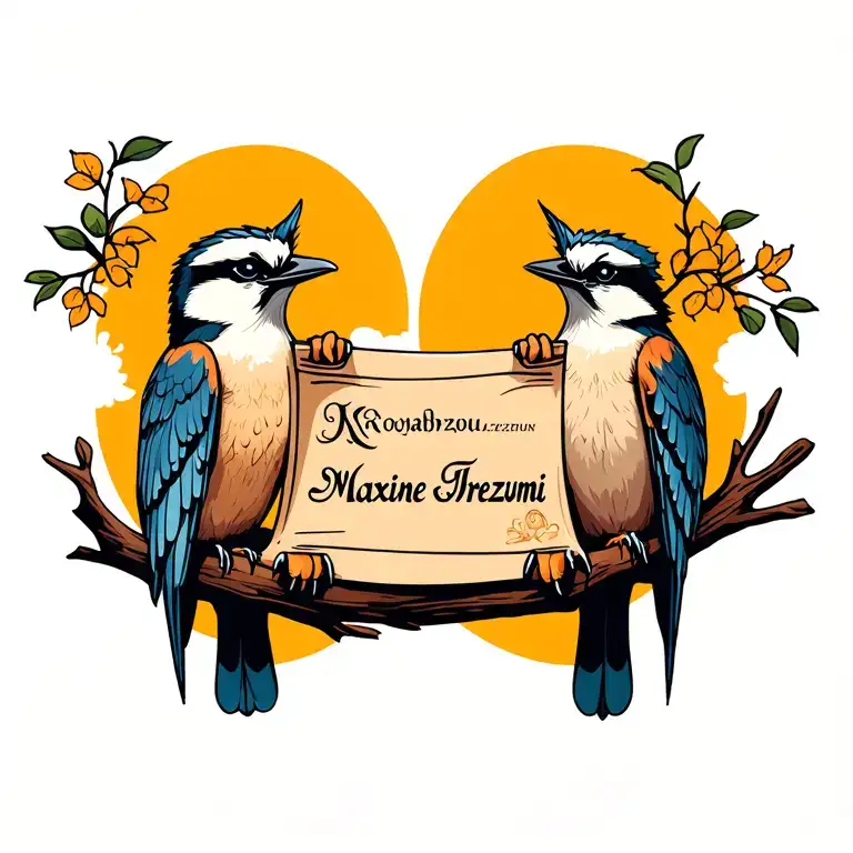 Two Kookaburras Sitting On A Branch Holding A Scroll With The Name Maxine