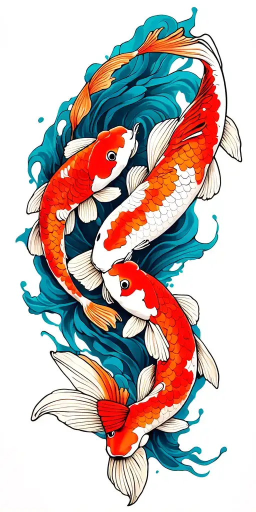 Four Koi Fish Of Different Sizes Swim Up The Arm Sleeve