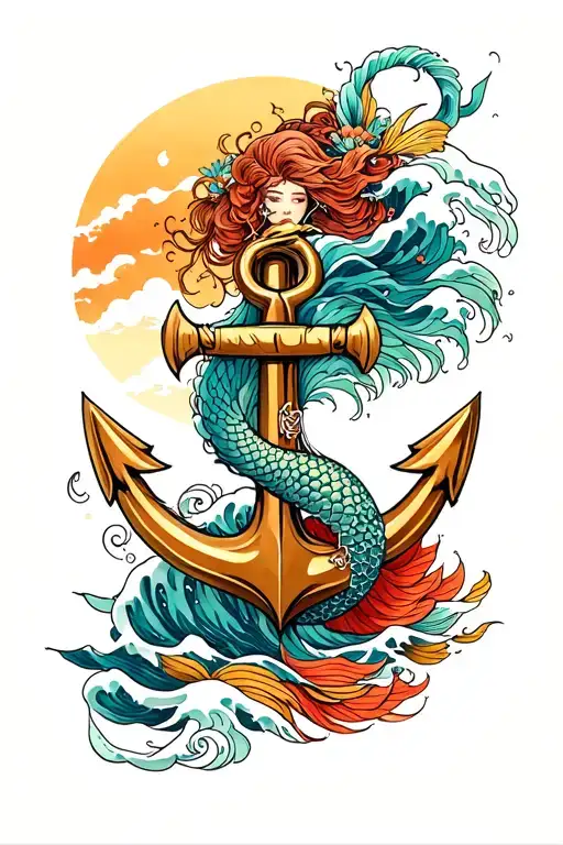 Waves A Mermaid And Anchor Intertwined