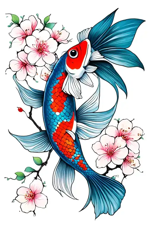 Coy Fish With Cherry Blossoms And Their Vines Wrapped Around