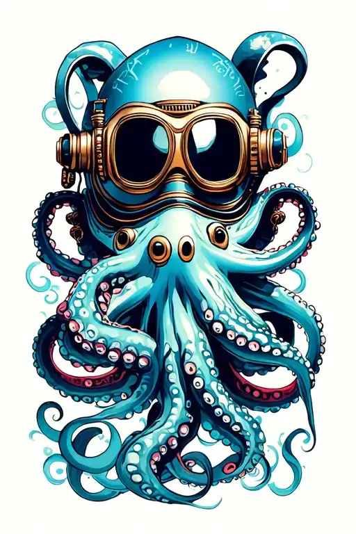 Dive Helmet And Octopus Wrapping Its Tentacles