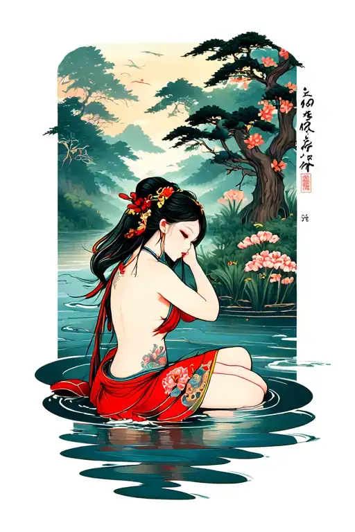 Girl Kneeling At River