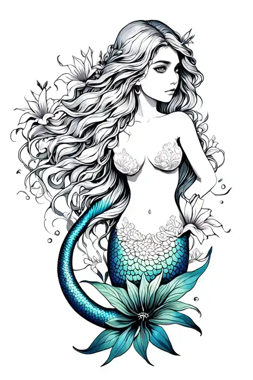 Mermaid With Long Hair And Spider Lilys