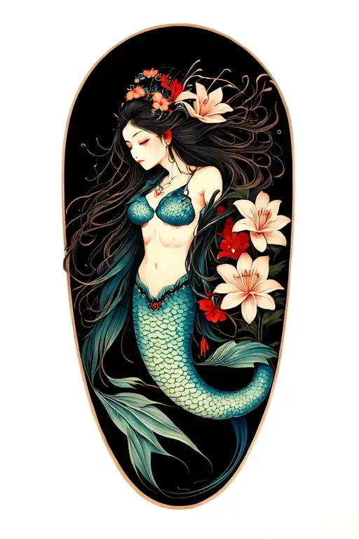 Japanese Mermaid With Long Hair And Spider Lilys