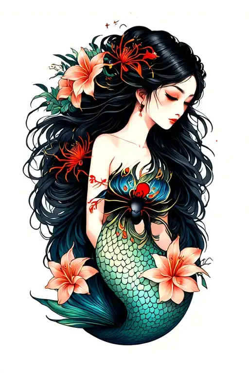 Japanese Mermaid With Long Hair And Spider Lilys