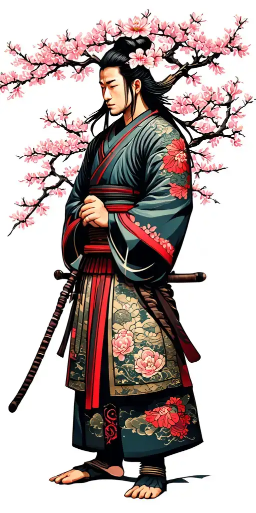 Samurai Warrior Cherry Blossom Tree Japanese Temple