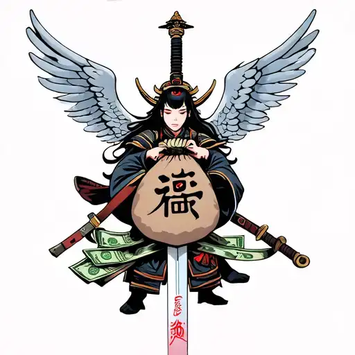 An Angel With A Bag Of Money And A Samurai Underneath With A Sword And Red Eyes