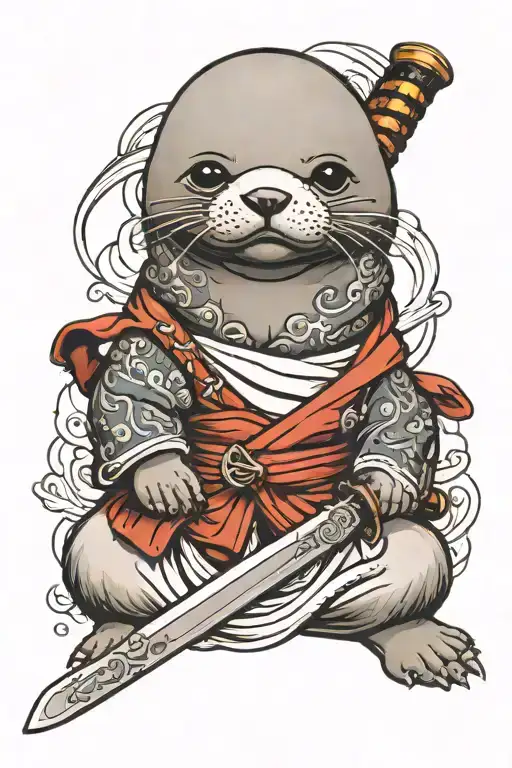 Baby Seal As A Samurai Warior With Samurai Sword