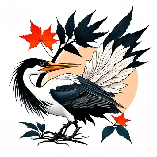 Crane With Maple Leaves