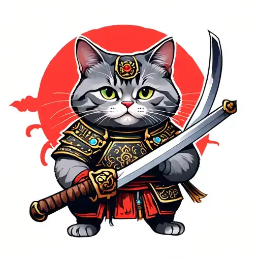 Grey Cat With Samurai Armour Holding A Sword