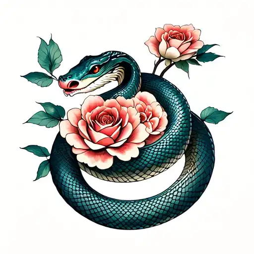 Snake With Roses Tattoo idea