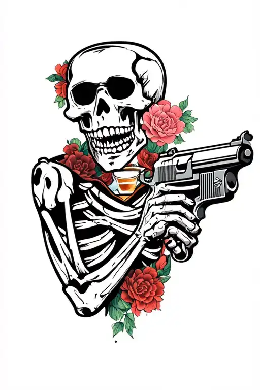 Skeleton With A Gun Shaped Shot Glass To Its Mouth