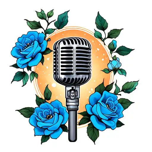 A Microphone Intertwined With Blue Roses Blooming