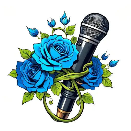 A Microphone With Vines From Blue Roses Wrapped Around The Handle
