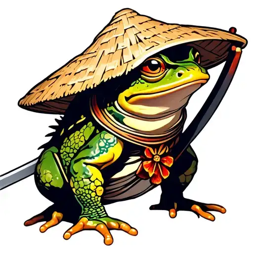 Japanese Samurai Frog Wearing Straw Hat And Has Sword