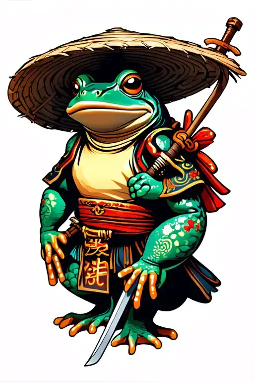 Japanese Samurai Frog Wearing Straw Hat And Has Sword