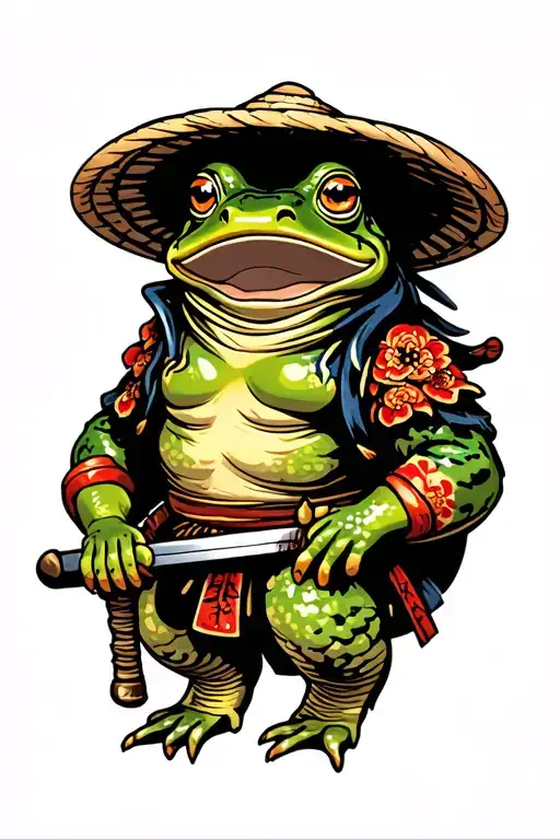 Japanese Style Samurai Frog Wearing A Straw Hat And Has A Samurai Sword And Also Smoking
