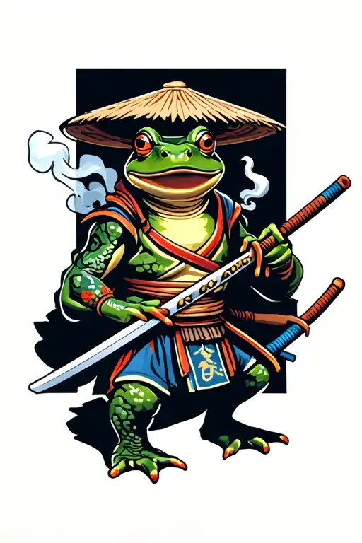 Japanese Style Samurai Frog Wearing A Straw Hat And Has A Samurai Sword And Also Smoking