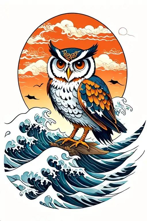 Waves With Owl Tattoo idea