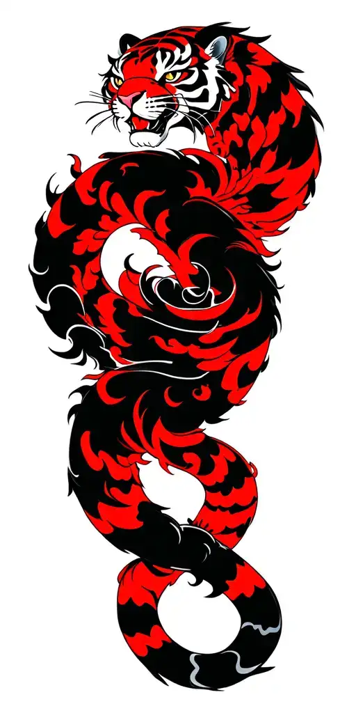 Black Tiger With Red Details Intertwined