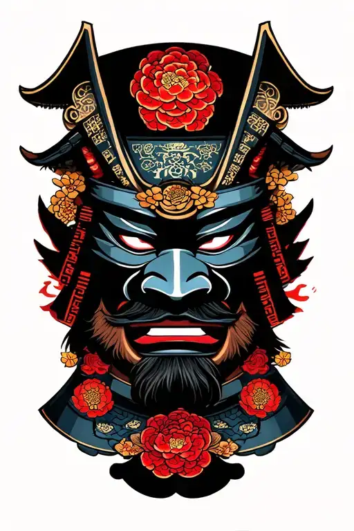 Samurai Mask And Japanese Castle Surrounded Tattoo idea