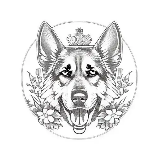 House Crest With German Shepherd In Middle With Veronica Flowers And Ivys Holding A Roman Coin