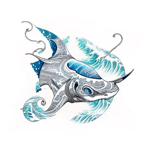 Ocean Wave With 2 Manta Rays And An Oni Mask