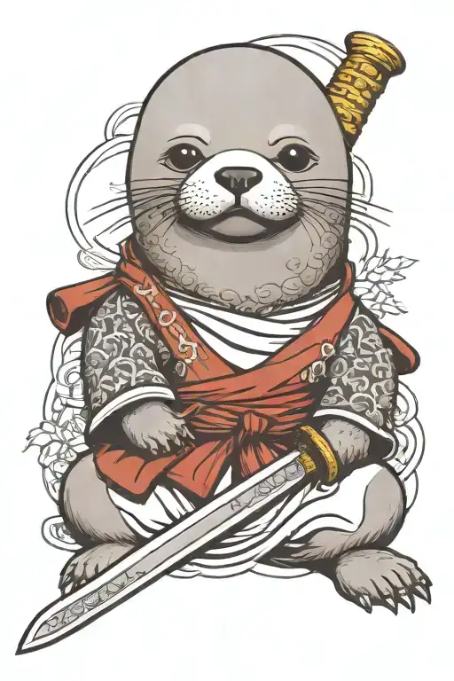 Baby Seal As A Samurai Warior With Samurai Sword