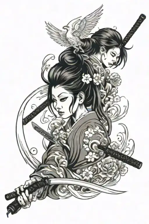 Phoenix And Japan Girl With Katana