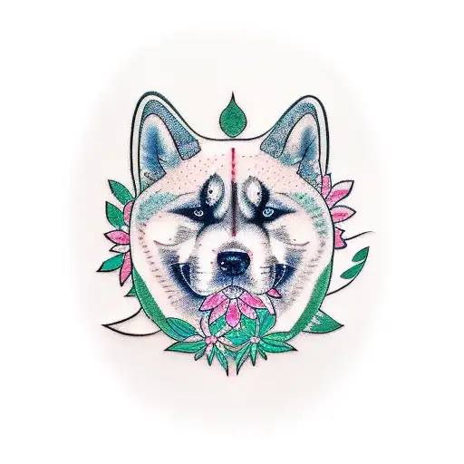 A Minimalist Tattoo Of An Akita Inu Surrounded By Blooming Flowers As A Symbol Of Nature's Beauty