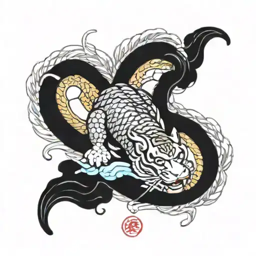 Snake Tiger And Koi Fish