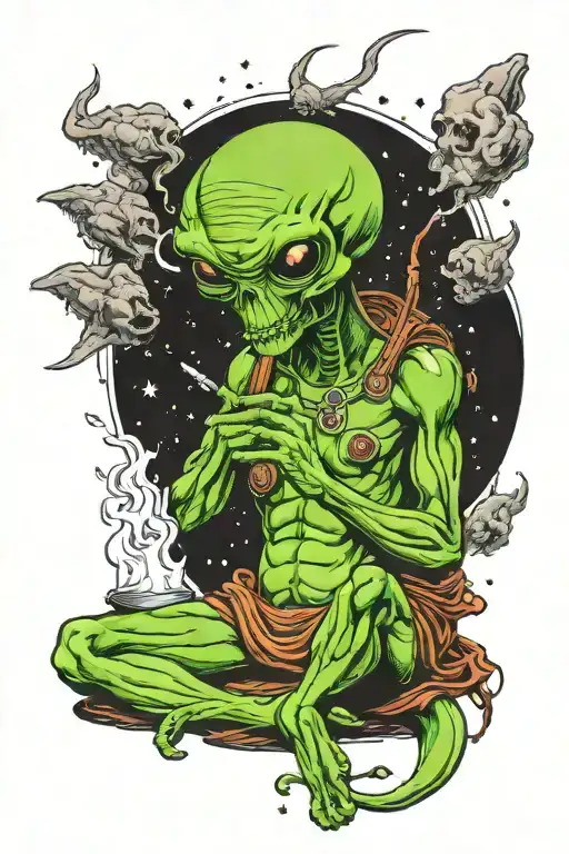 Space Theme With Alien Smoking A Joint